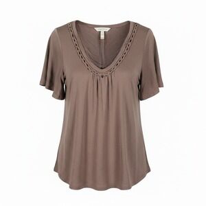 Daytrip L Brownstone‎ Blouse Lattice V-Neck Flutter Sleeve Boho Summer Top NWT